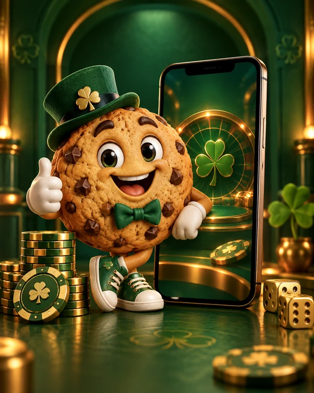 Cookie mascot beside the Cookie Casino mobile app