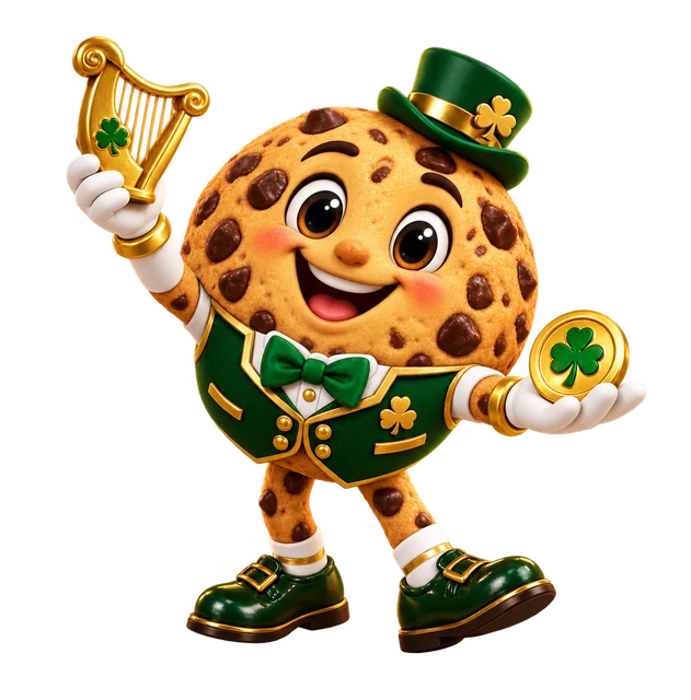 Irish Cookie Casino mascot with a golden harp