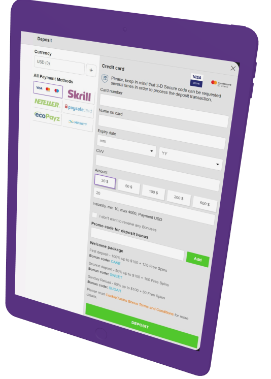 Tablet's version of page CookieCasino
